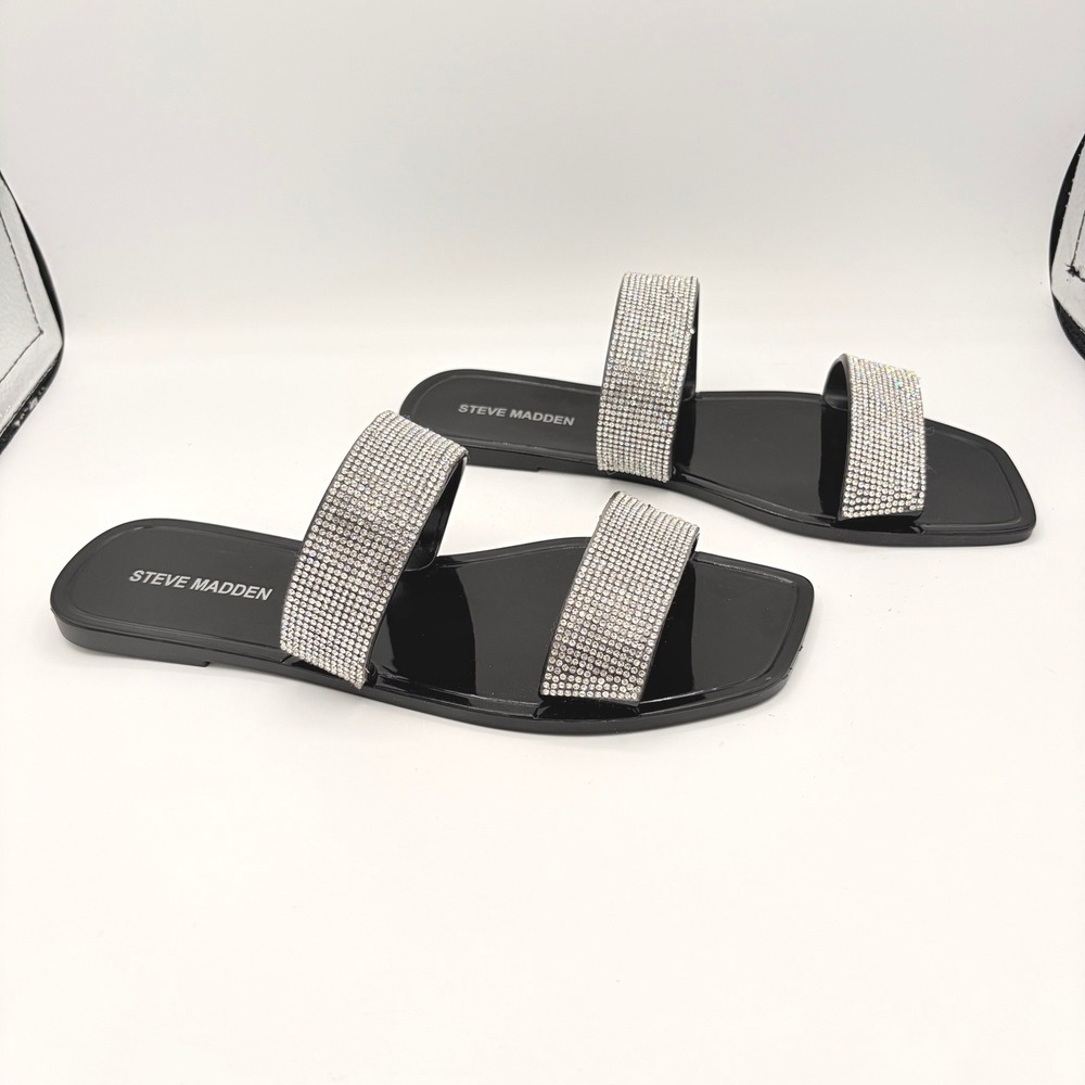 Steve Madden Slide Sandals Size 8 Glam Black Rhinestone Double Strap Square Toe
